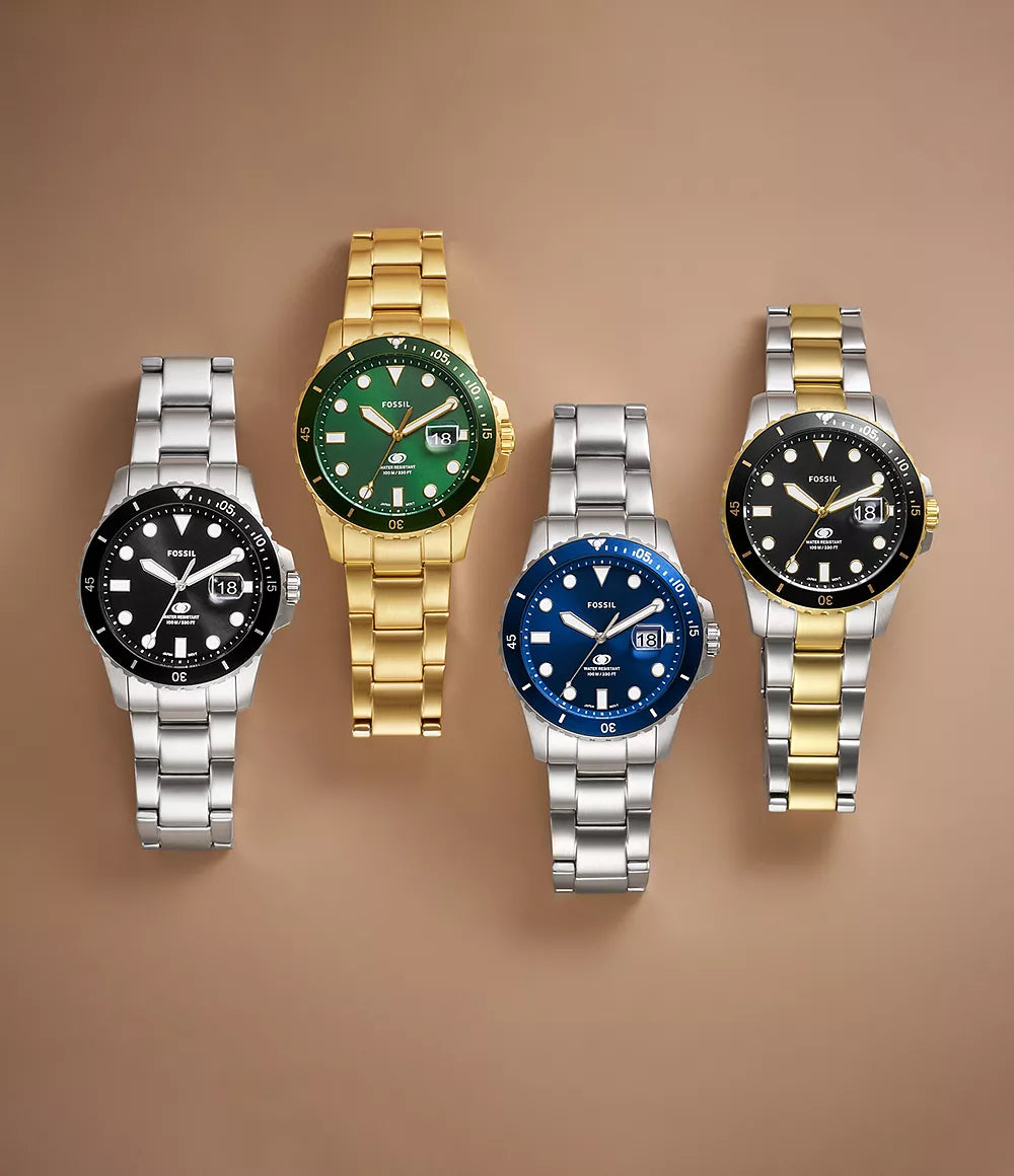 Blue Dive Three-Hand Date Gold-Tone Stainless Steel Watch