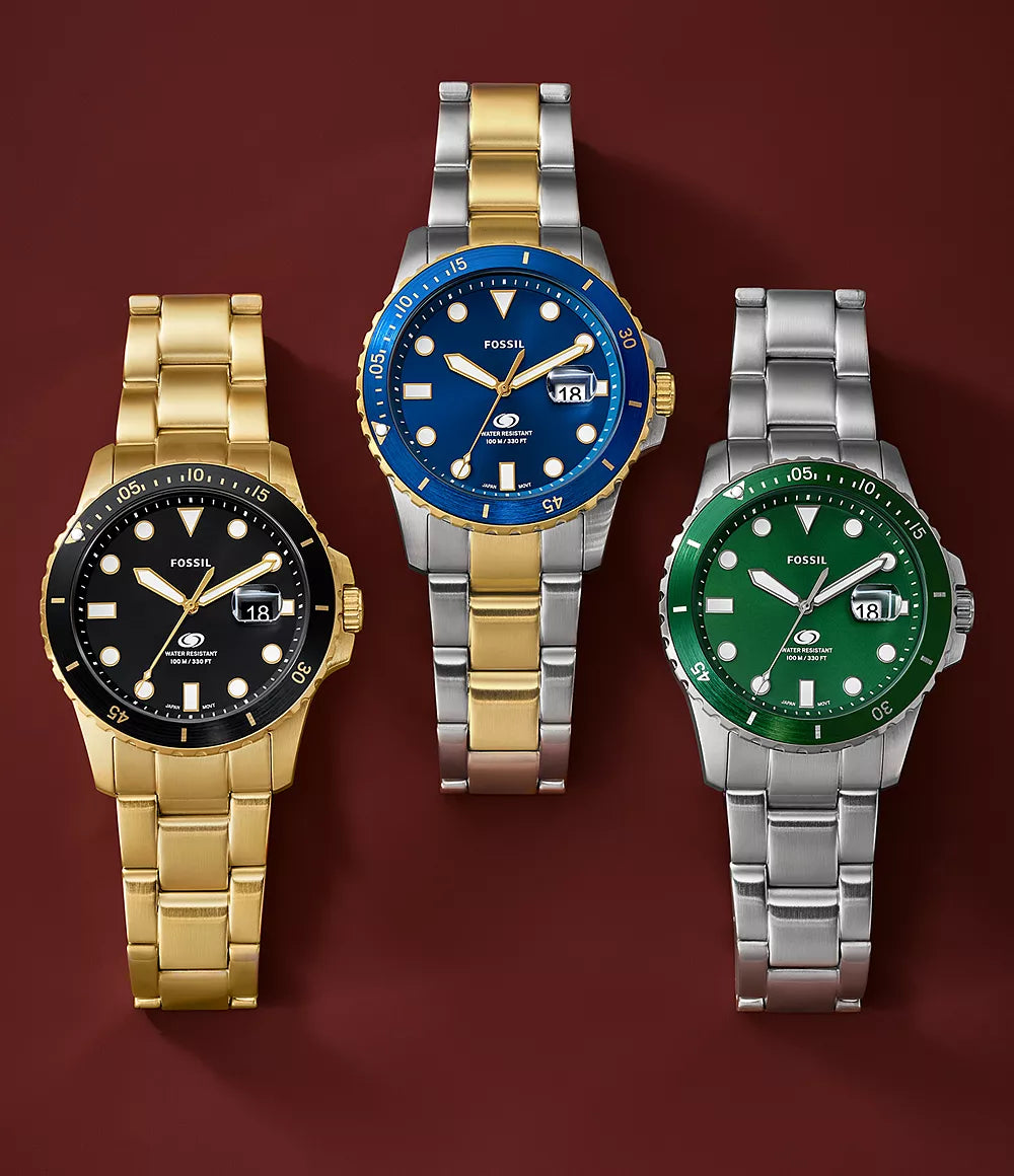 Blue Dive Three-Hand Date Stainless Steel Watch