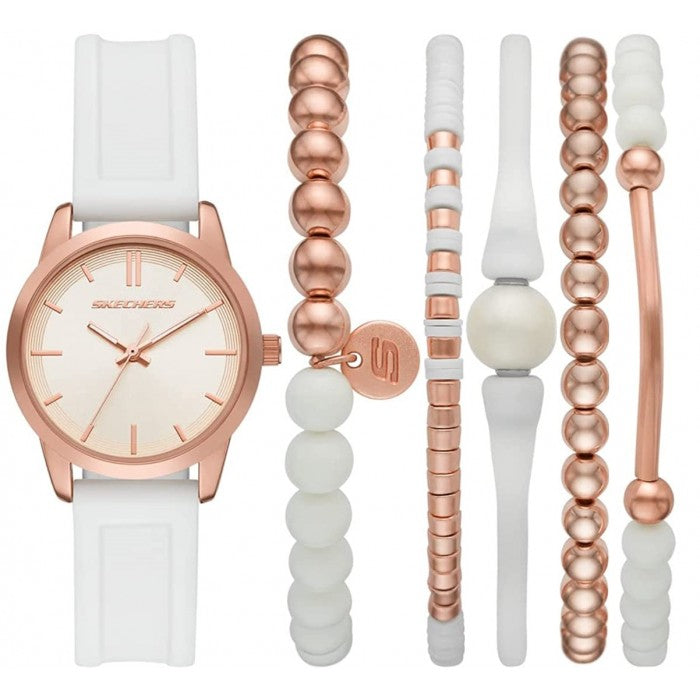 Quartz Rose Gold-Tone Dial White Silicone Strap Watch + Bracelet Gift Set