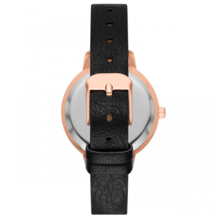 Quartz Rose Gold-Tone Dial Black Leather Strap Watch + Bracelets Gift Set