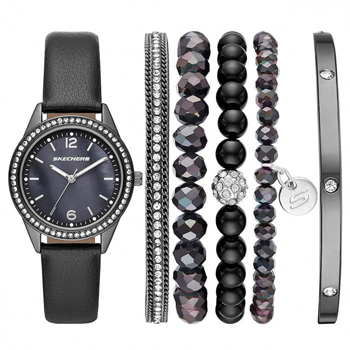Black Mother of Pearl Dial Black Leather Watch + Bracelets Gift Set