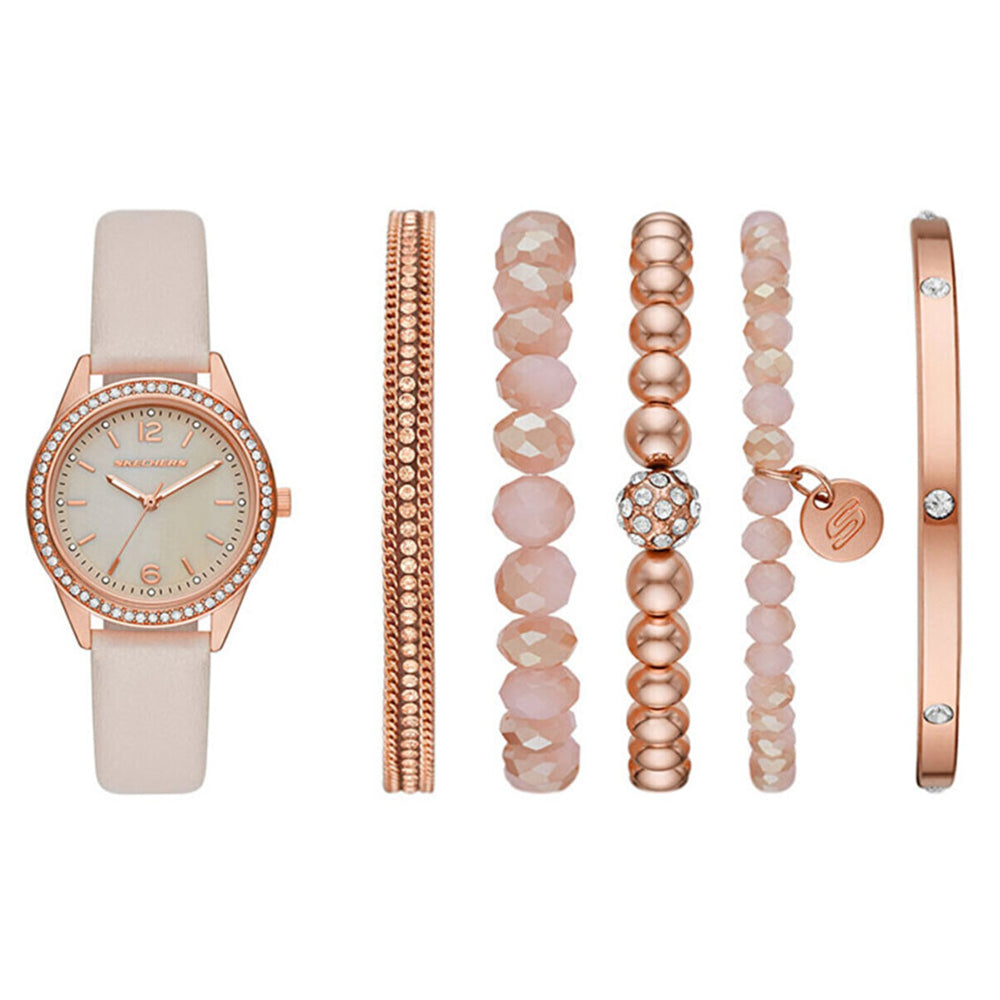 Quartz Mother of Pearl Dial Pink Leather Watch + Bracelet Gift Set