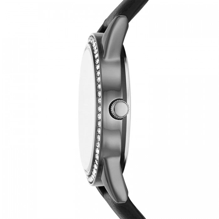 Black Mother of Pearl Dial Black Leather Watch + Bracelets Gift Set