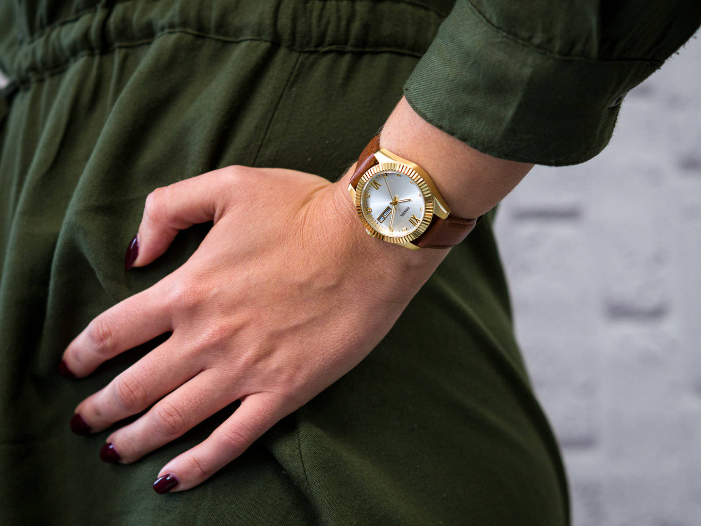 Scarlette Three-Hand Day-Date Tan Eco Leather Watch