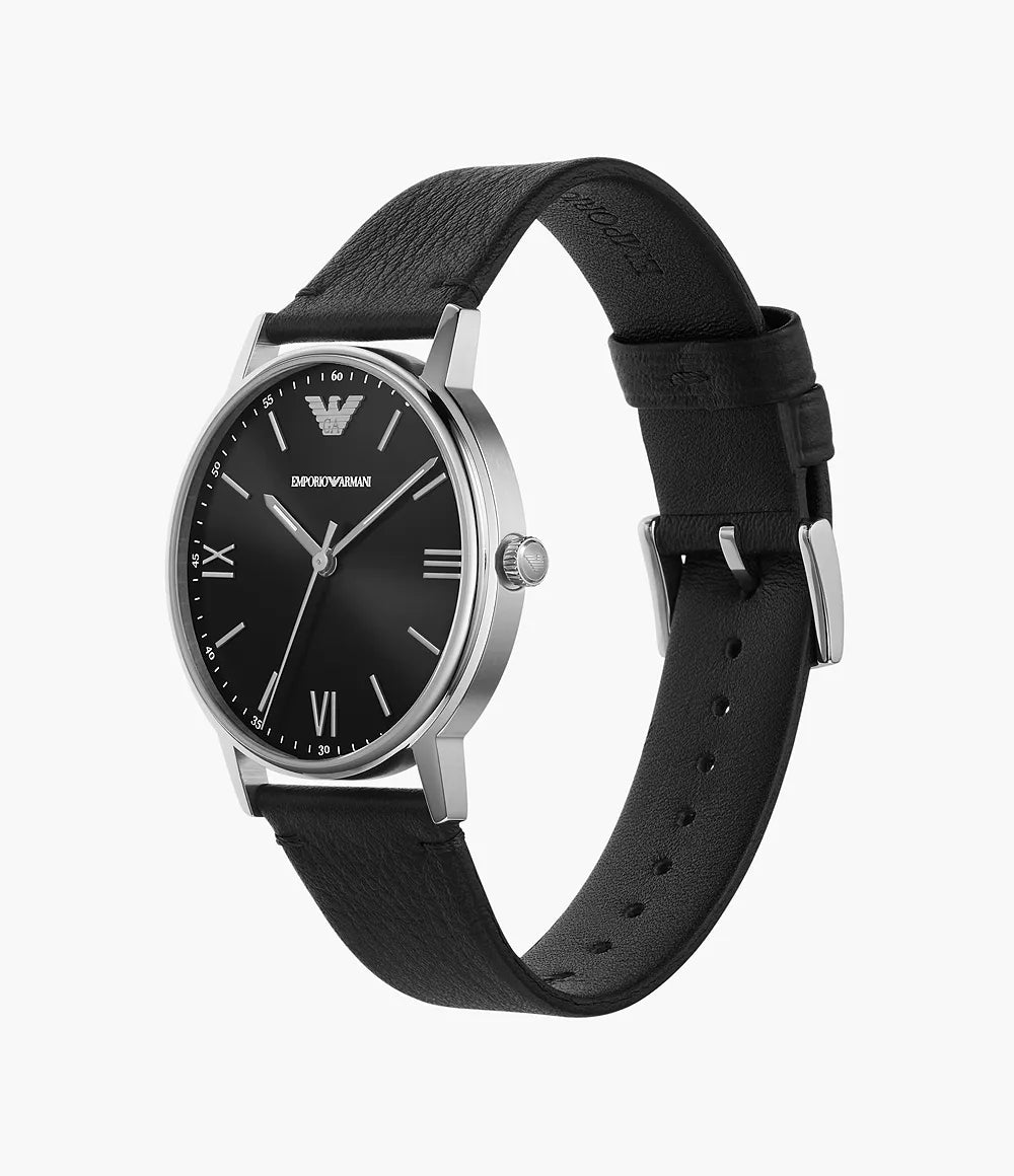 Three-Hand Black Leather Watch