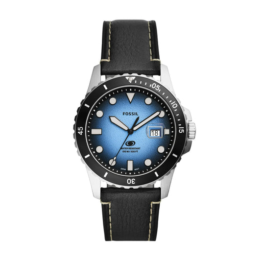 Blue Three-Hand Date Black Eco Leather Watch