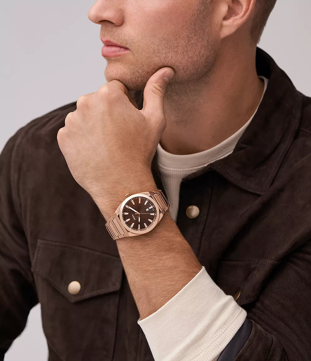 Everett Three-Hand Date Rose Gold-Tone Stainless Steel Watch