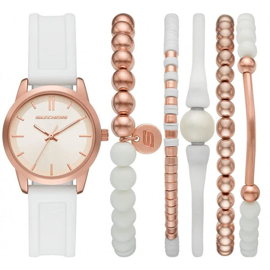 Quartz Rose Gold-Tone Dial White Silicone Strap Watch + Bracelet Gift Set