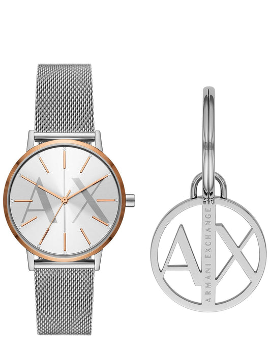 Three-Hand Stainless Steel Watch and Key Ring Gift Set