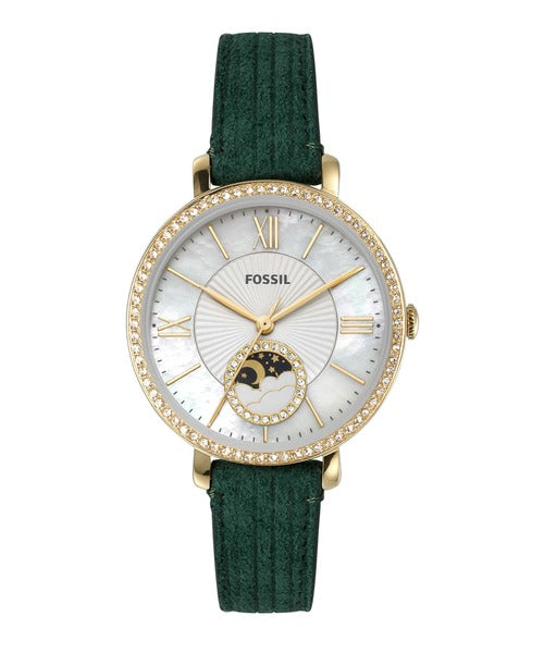 Jacqueline Sun Moon Multifunction Green Leather Watch