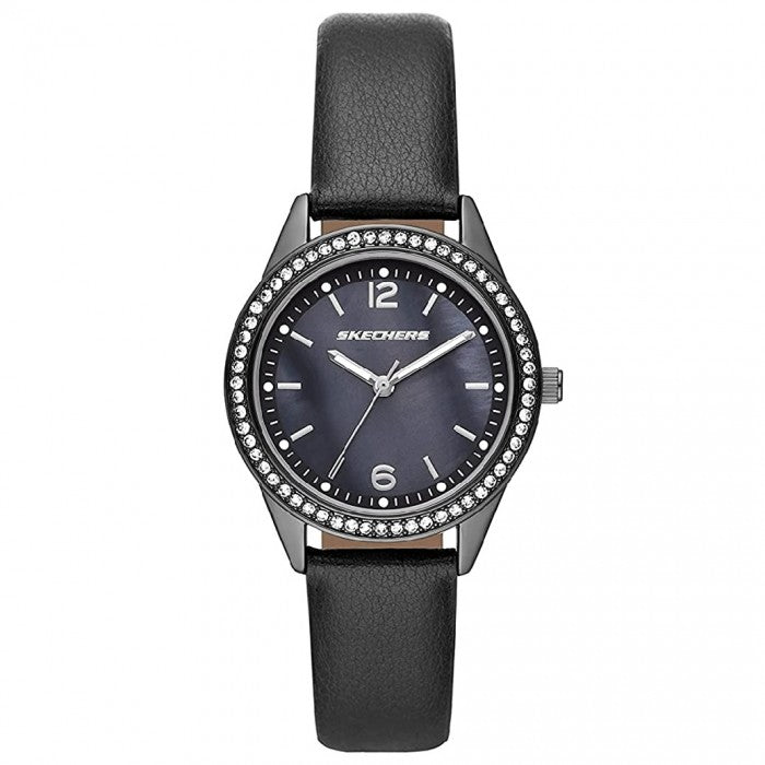 Black Mother of Pearl Dial Black Leather Watch + Bracelets Gift Set