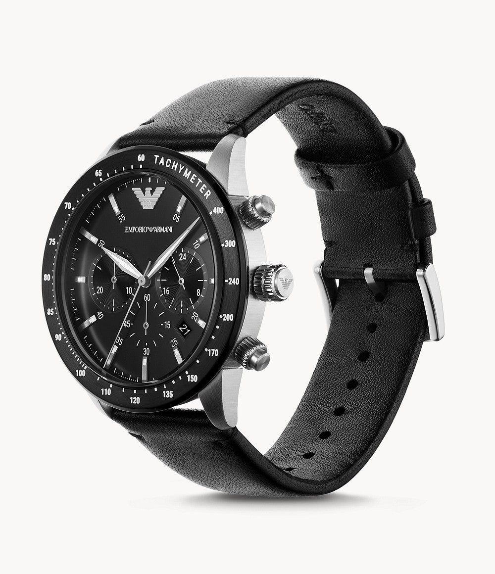 Men's Chronograph Black Leather Watch