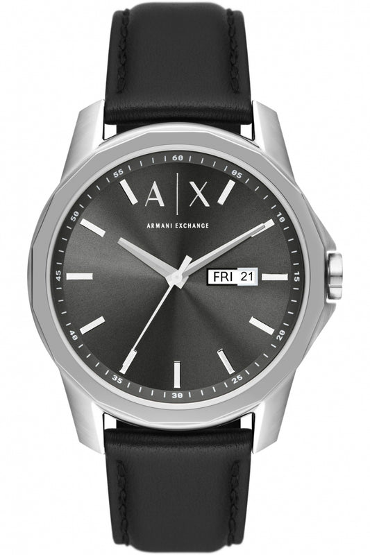 Three-Hand Day-Date Black Leather Watch