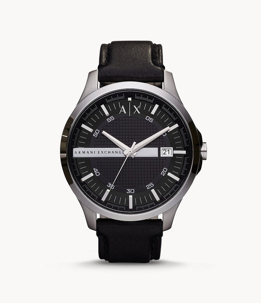 Three-Hand Black Leather Watch