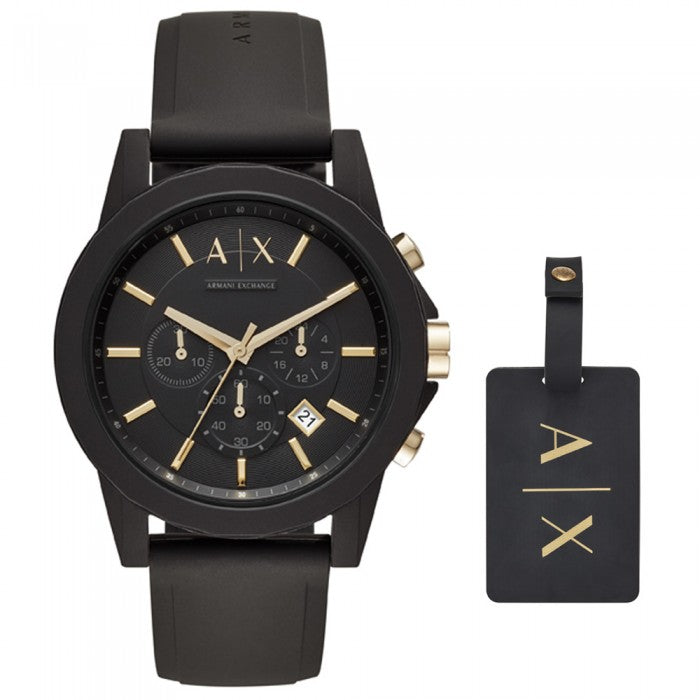 Chronograph Black Silicone Watch and Luggage Tag Gift Set