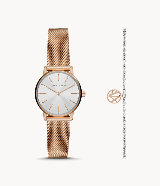 Two-Hand Rose Gold-Tone Stainless Steel Watch and Bracelet Gift Set