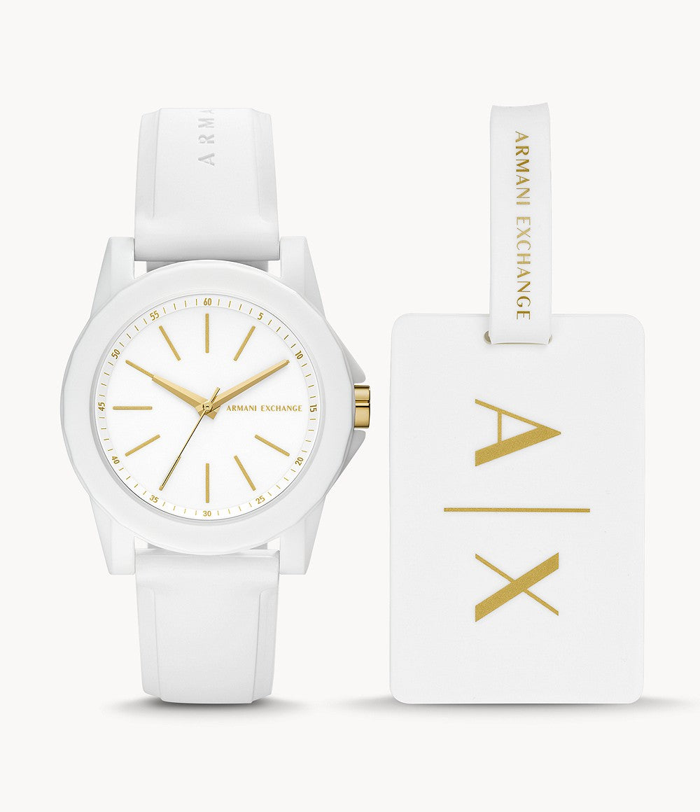 Three-Hand White Silicone Watch and Luggage Tag Gift Set