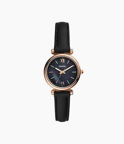 Carlie Mini Three-Hand Black Leather Watch