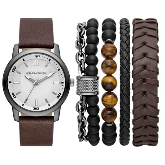 Quartz Light Grey Dial Brown Leather Strap Watch + Bracelet Gift Set