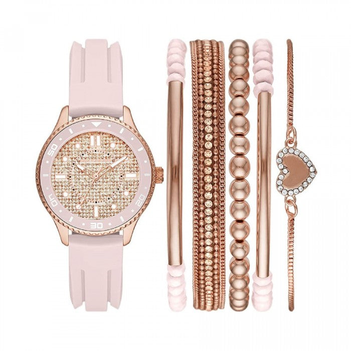 Quartz Rose Gold-Tone Dial Pink Watch + Bracelet Gift Set