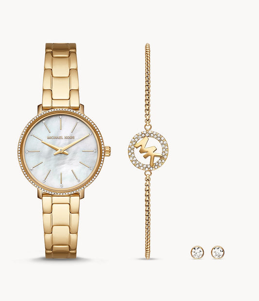 Two-Hand Gold-Tone Stainless Steel Watch and Earrings Set