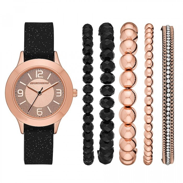 Quartz Rose Gold-Tone Dial Black Silicone Watch + Bracelets Gift Set