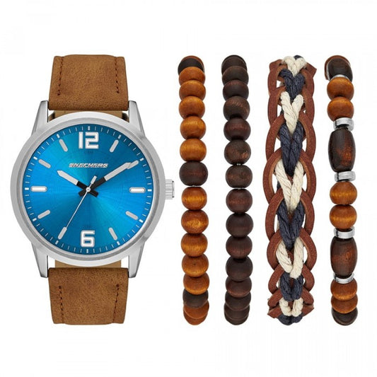 Quartz Analog Blue Dial Brown Leather Watch + Bracelet Gift Set