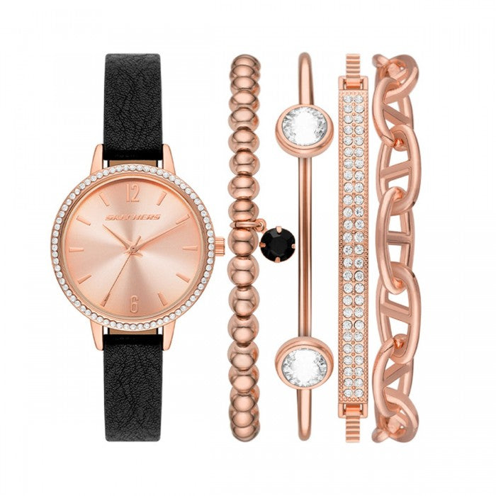 Quartz Rose Gold-Tone Dial Black Leather Strap Watch + Bracelets Gift Set