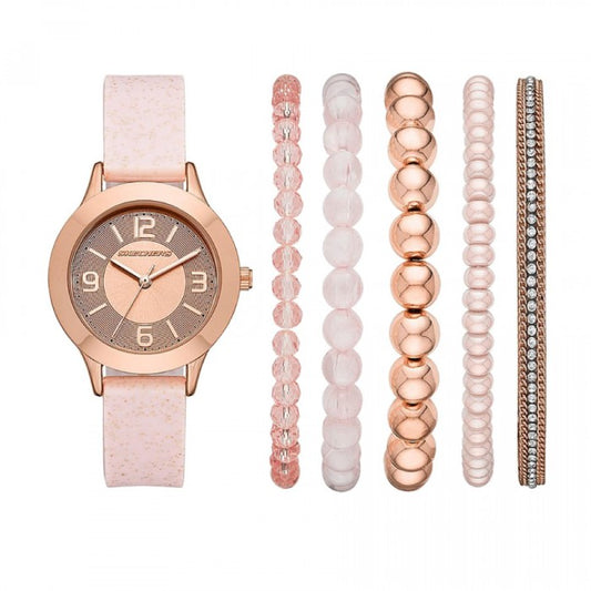 Quartz Rose Gold-Tone Dial Pink Silicone Watch + Bracelets Gift Set