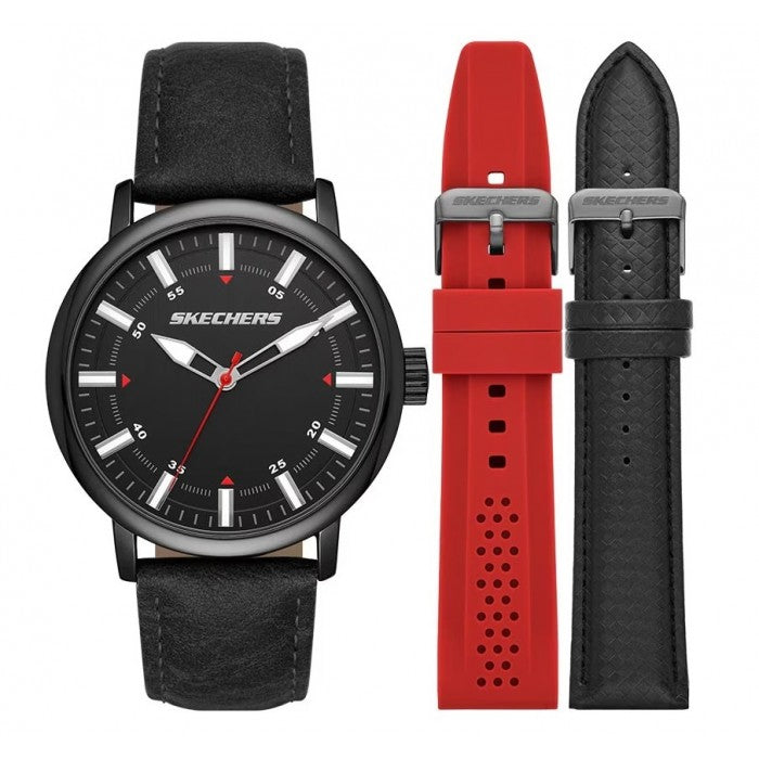 Quartz Black-Tone Dial Black Leather Strap Watch + Additional Straps Gift Set